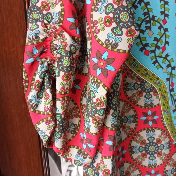 MLW bohemian Neck Tie Vintage Printed Coverup Shift Dress Tunic sz M - Picture 5 of 7